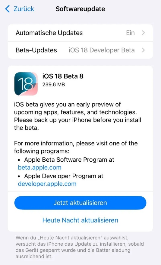 王屋镇苹果手机维修分享苹果 iOS / iPadOS 18 开发者预览版 Beta 8 发布 